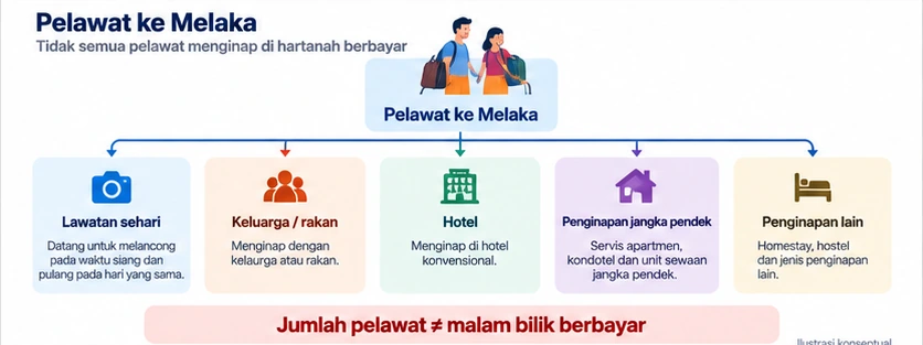 Diagram konsep yang menunjukkan ketibaan pelancong tidak sama dengan paid accommodation room nights.