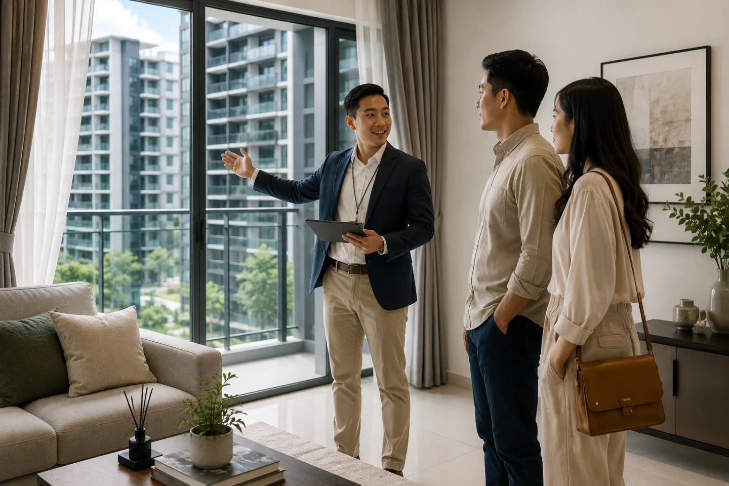 Property buyers viewing a completed condominium before making a purchase decision