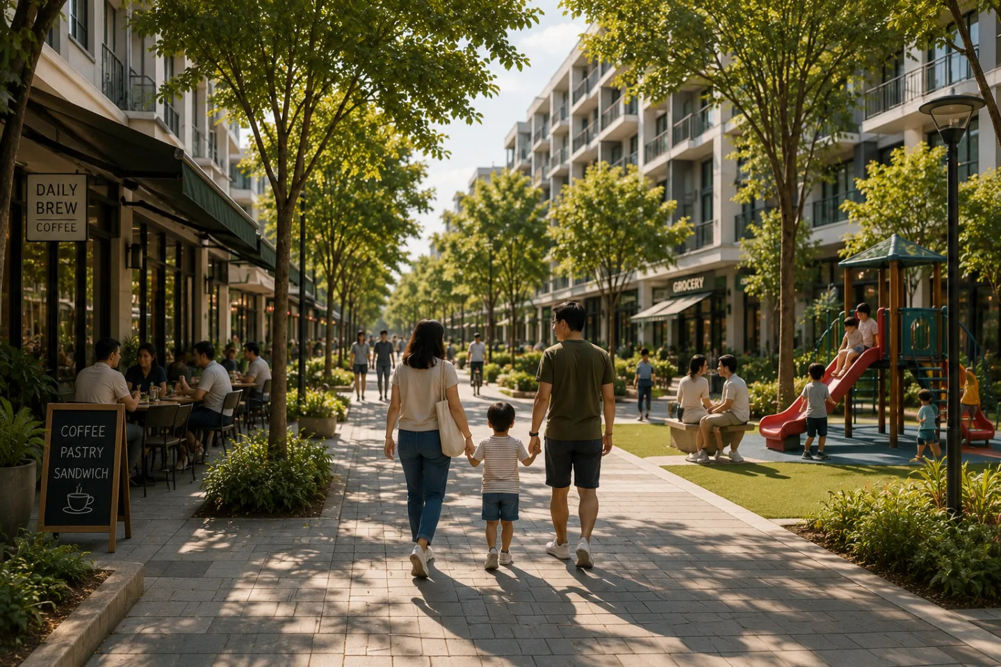 Family walking through a residential neighbourhood with shops, amenities and a playground
