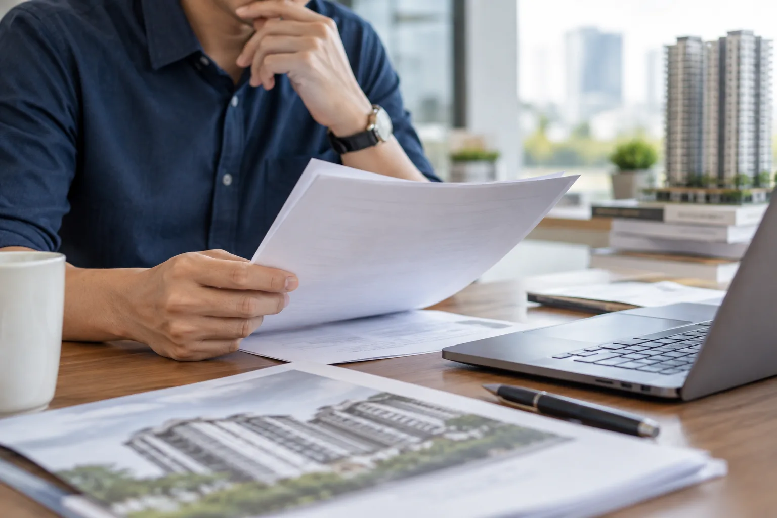 Property buyer reviewing purchase documents before committing to a Malaysian property