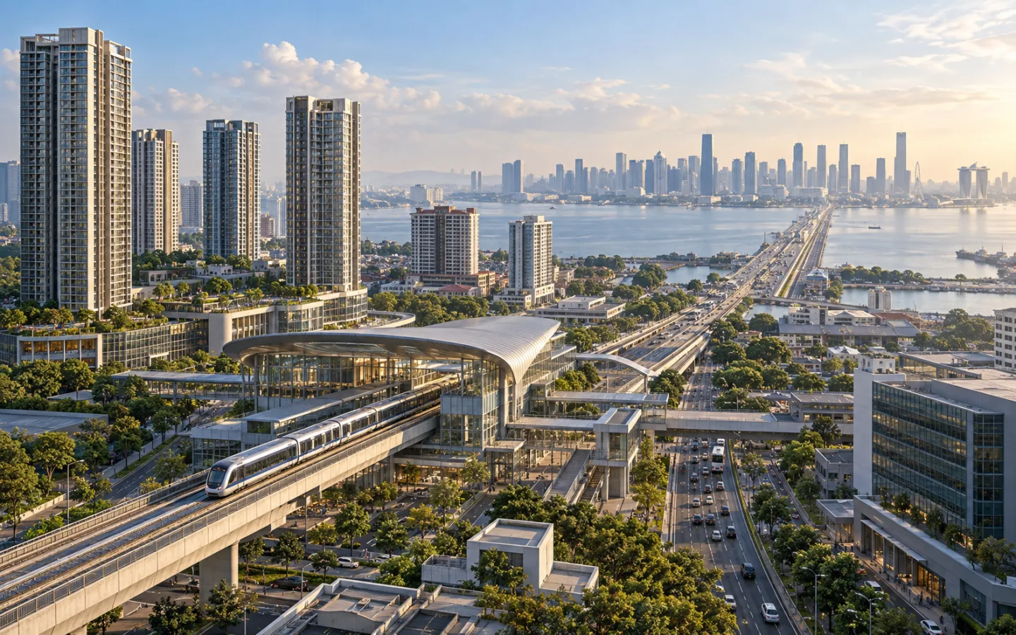 AI-generated illustration showing the Johor Bahru–Singapore corridor, Bukit Chagar RTS station, Causeway traffic and the Singapore skyline.