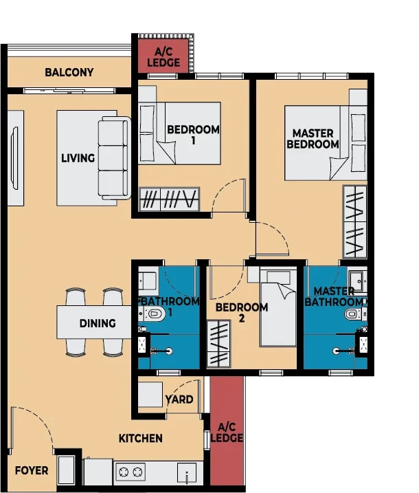 Brixton @ Causewayz Square Type E1 850SF floor plan
