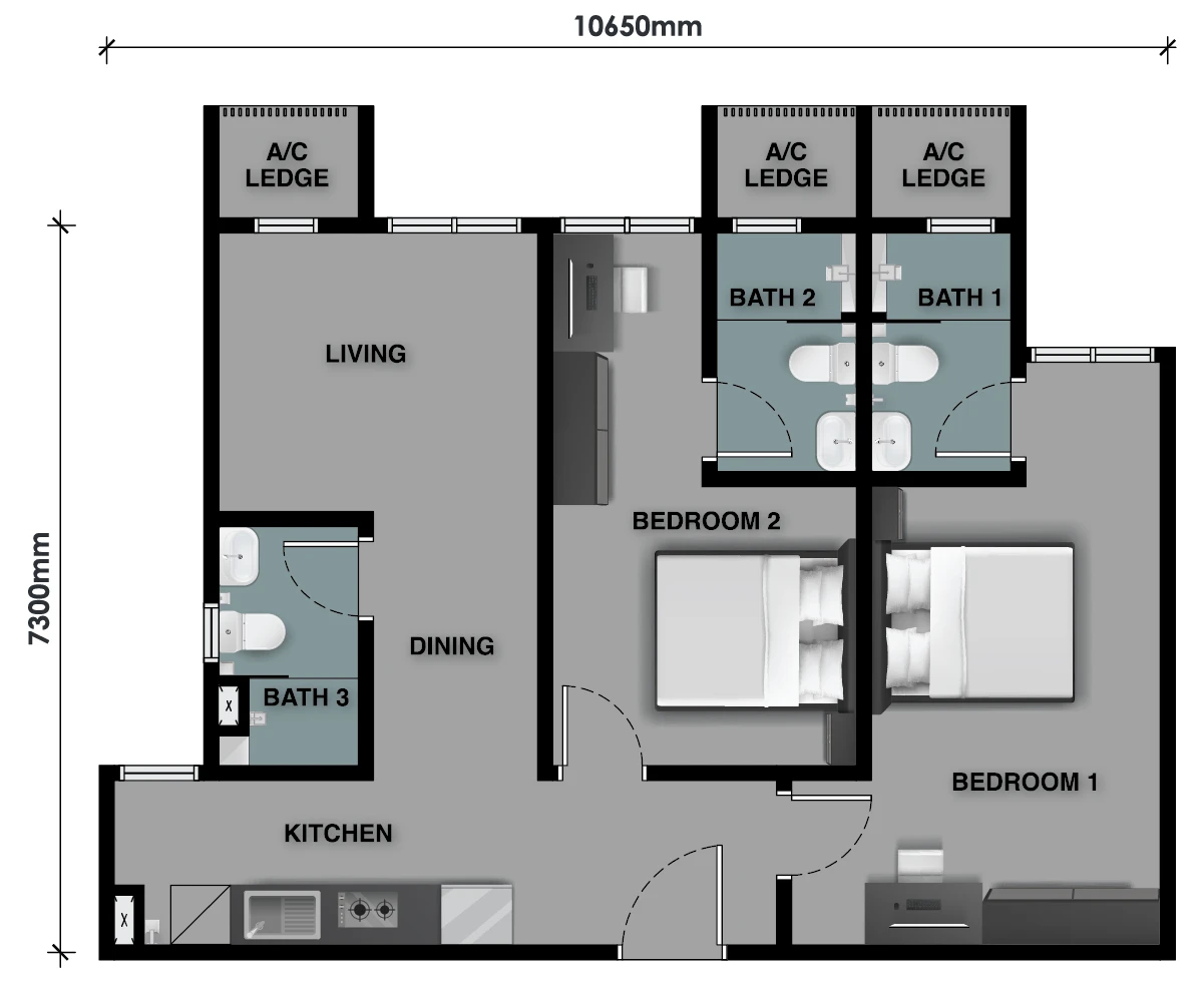 The Celestz Kebun Teh Type B - 753sf (Tri Key) floor plan