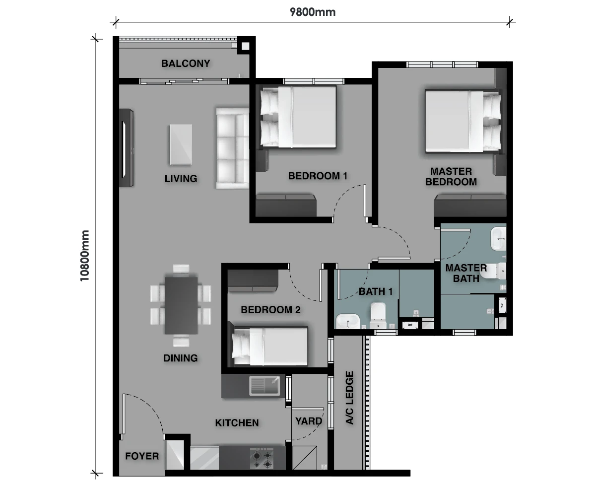 The Celestz Kebun Teh Type C1 - 915sf floor plan