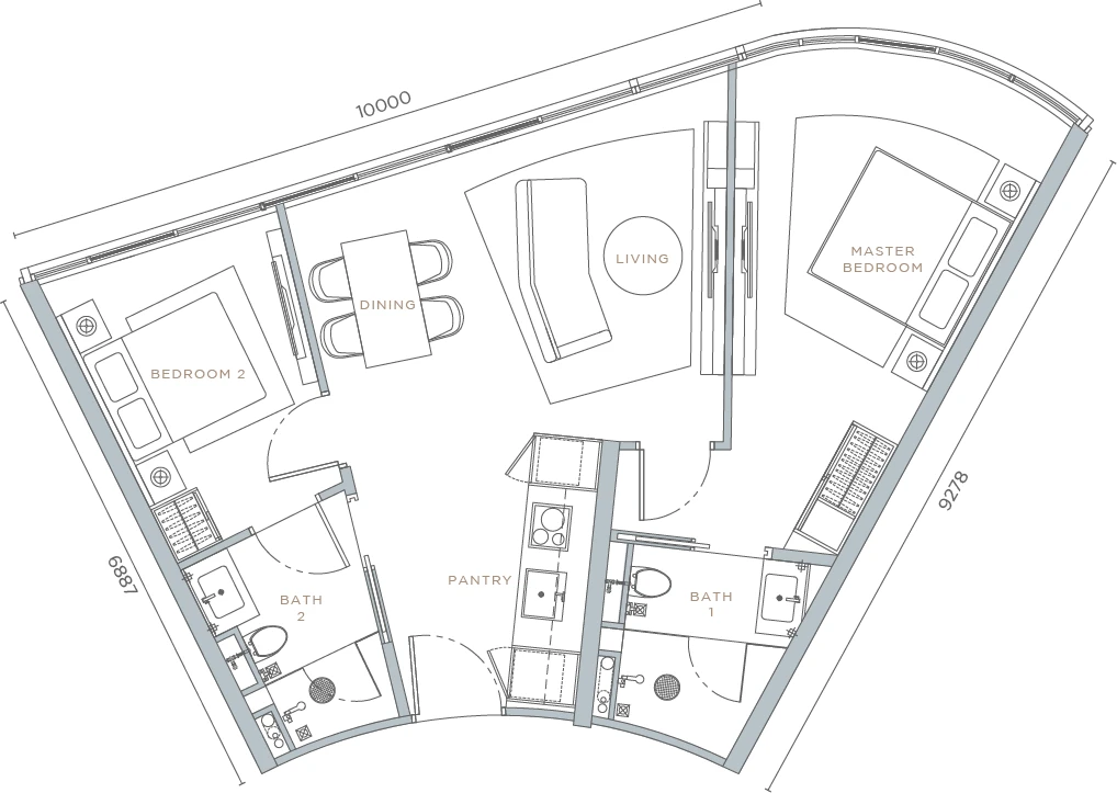 Orion Residence TYPE C1
2 BEDROOMS + 2 BATHROOMS
838 SQ.FT. floor plan