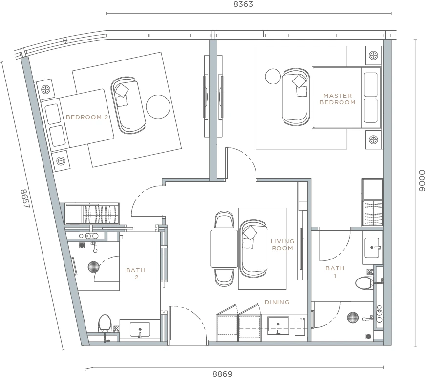Orion Residence TYPE C2
2 BEDROOMS + 2 BATHROOMS
945 SQ.FT. floor plan
