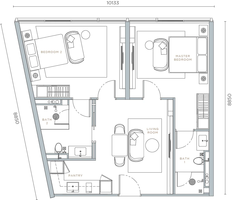 Orion Residence TYPE C5
2 BEDROOMS + 2 BATHROOMS
886 SQ.FT. floor plan