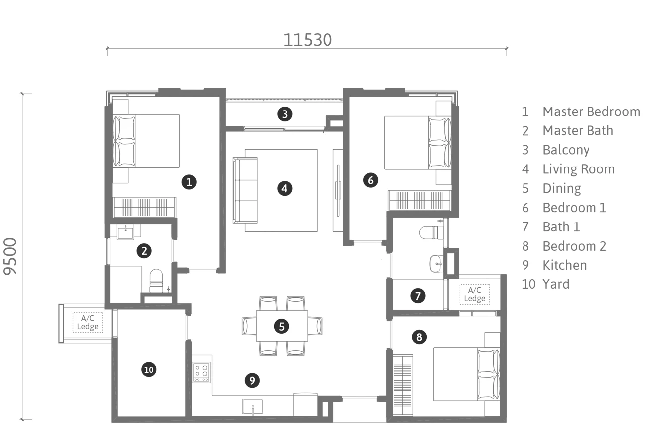 Ren Residence TYPE B1 · 1050 SQFT floor plan