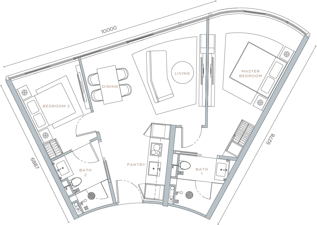 TYPE C1
2 BEDROOMS + 2 BATHROOMS
838 SQ.FT.