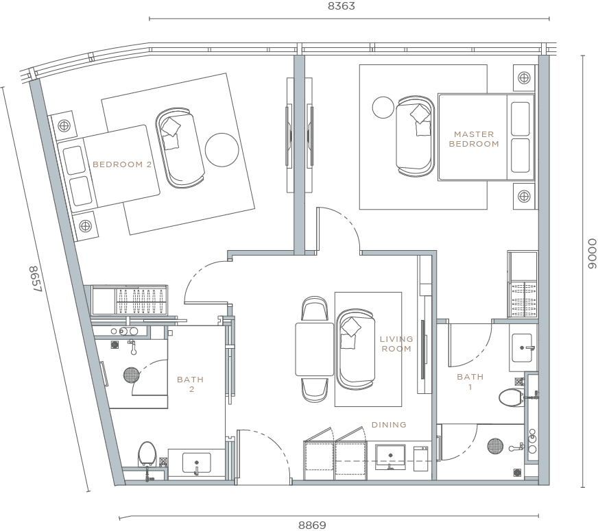 TYPE C2
2 BEDROOMS + 2 BATHROOMS
945 SQ.FT.