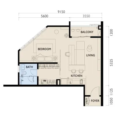 38 Bangsar Type A3 - 635 sq ft -1 bedroom floor plan