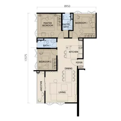 38 Bangsar Type B - 1045 sqft - 3 bedrooms 2 bathrooms floor plan