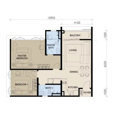 38 Bangsar Type C - 965 sq ft - 2 bedrooms 2 bathrooms floor plan