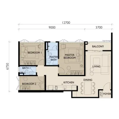 38 Bangsar Type C1 - 960 sq ft - 3 bedroom 2 bathroom floor plan