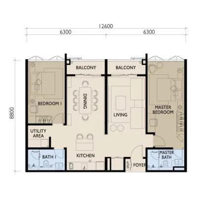 38 Bangsar Type D - 1185 sq ft - 2 bedrooms 2 bathrooms floor plan