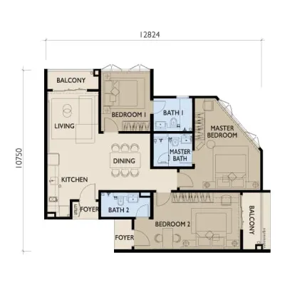 38 Bangsar Type F - 1225 sq ft - 3 bedrooms 3 bathrooms floor plan