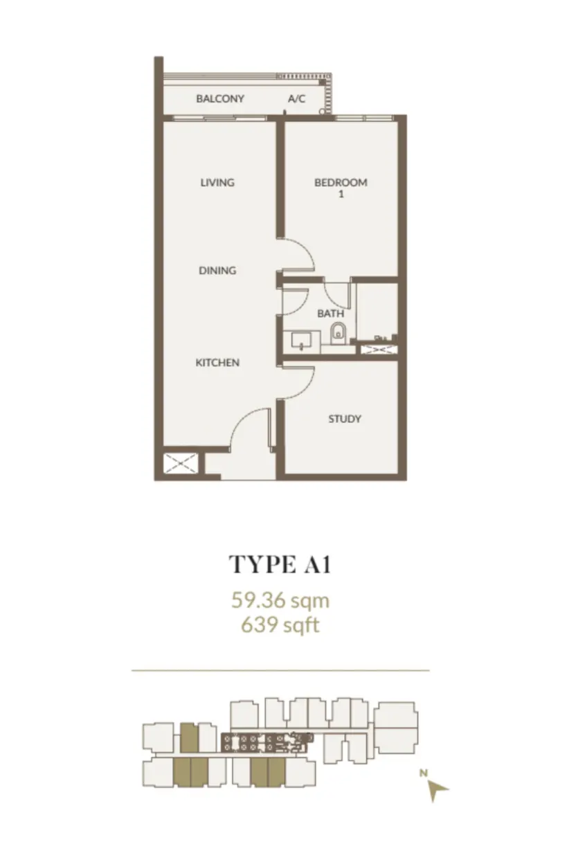 Aethera Residences Type A1 - 59.36sqm - 639sqft - 1 Bedroom floor plan