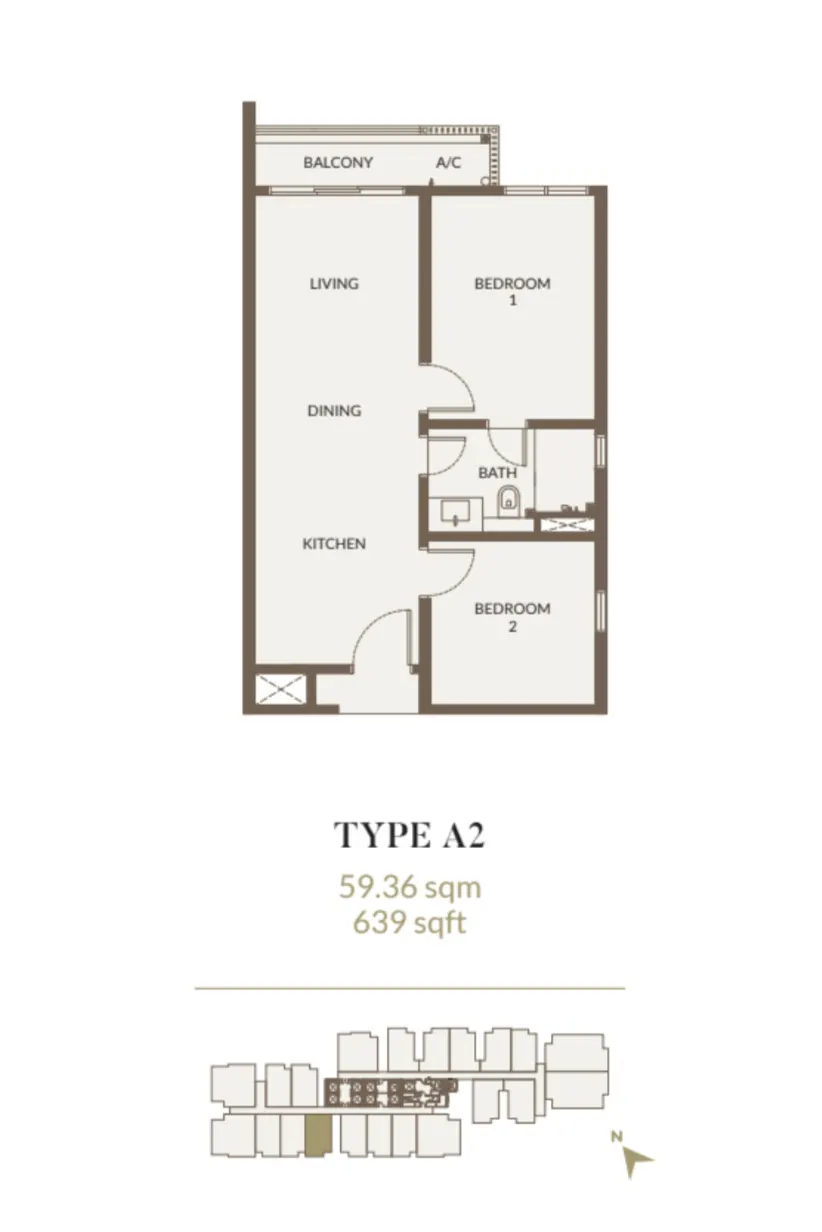 Aethera Residences Type A2 - 59.36sqm - 639sqft - 2 Bedroom floor plan