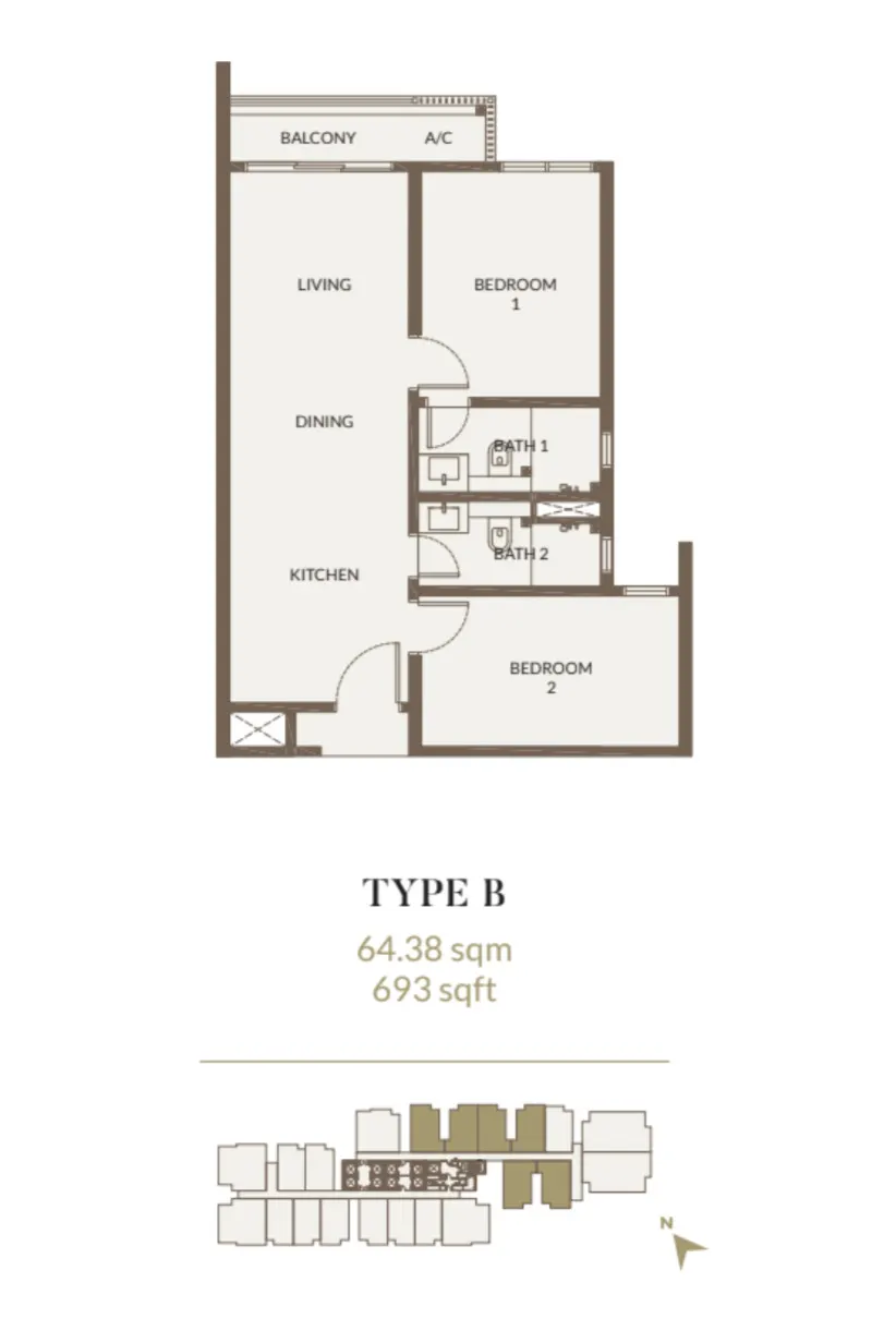 Aethera Residences Type B - 64.38sqm - 693sqft - 2 Bedroom floor plan