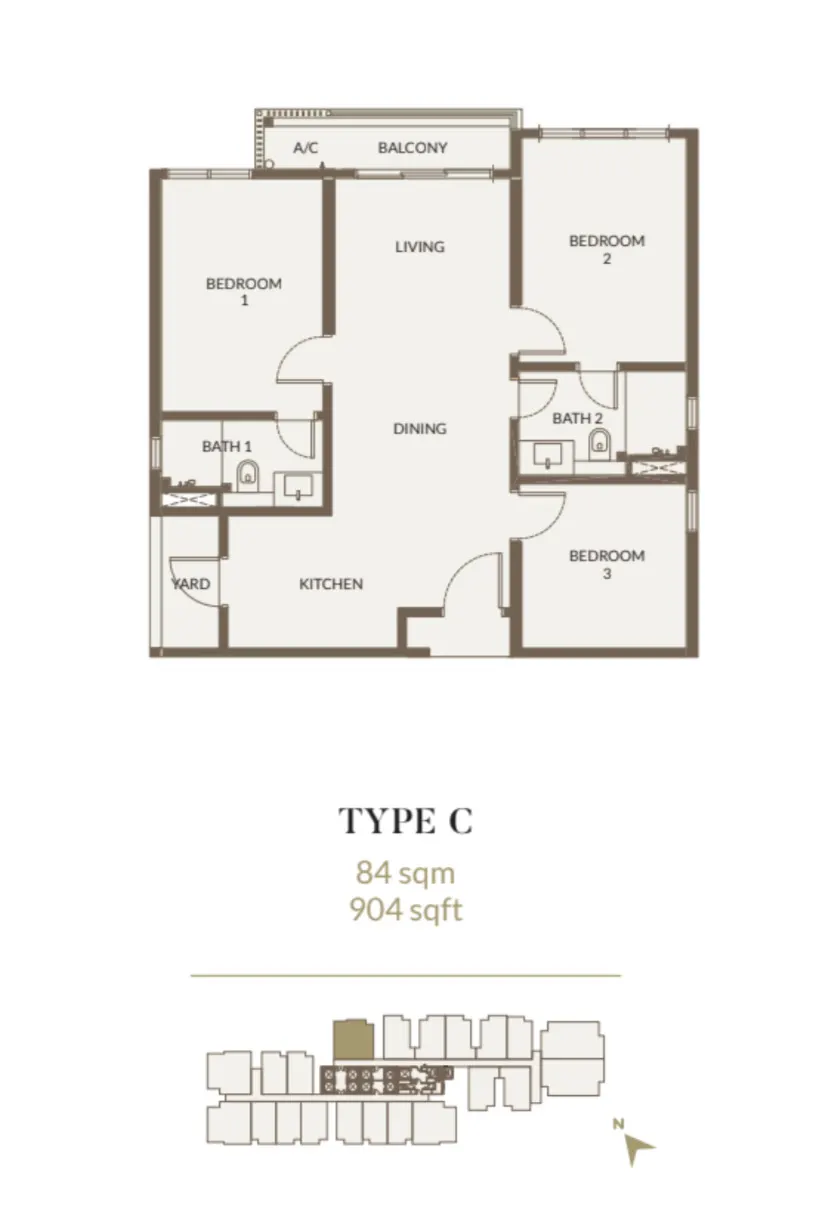 Aethera Residences Type C - 84sqm - 904 sqft - 3 Bedroom floor plan