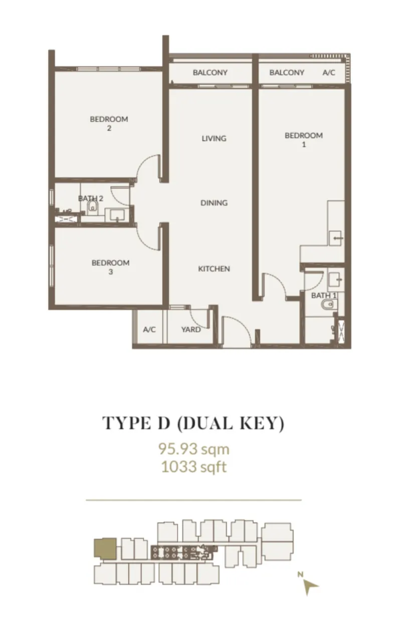 Aethera Residences Type D - 95.93sqm - 1033 sqft - 3 Bedroom (Dual Key) floor plan