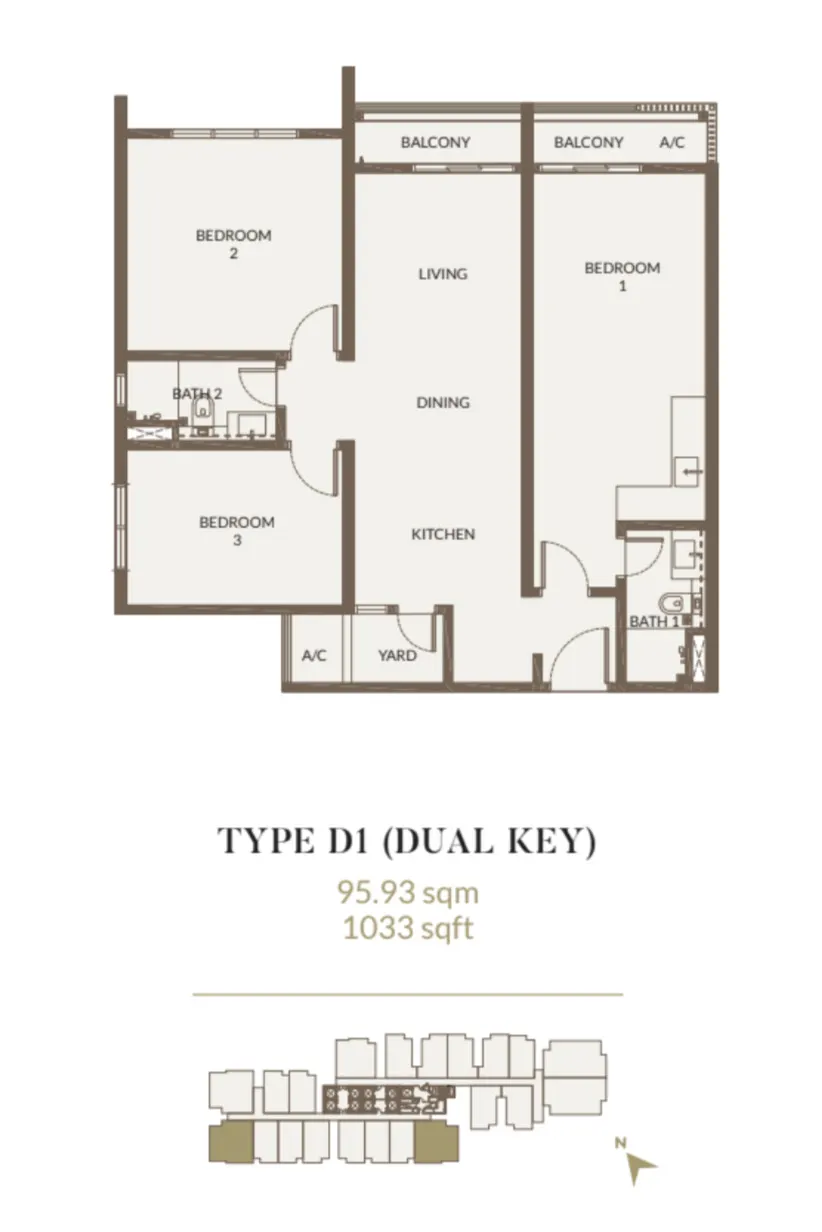 Aethera Residences Type D1 - 95.93sqm - 1033 sqft - 3 Bedroom (Dual Key) floor plan