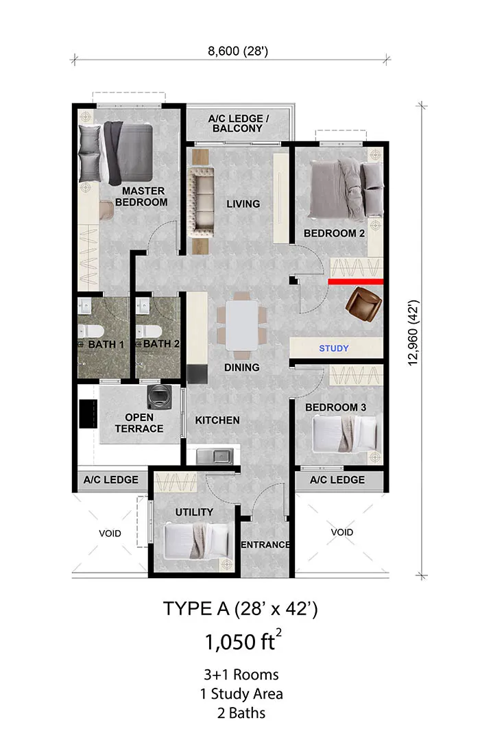 Alamanda Heights TYPE A - 1,050 ft floor plan