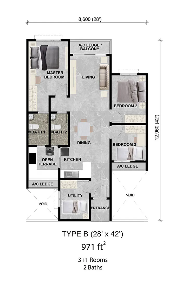 Alamanda Heights TYPE B - 971 ft floor plan