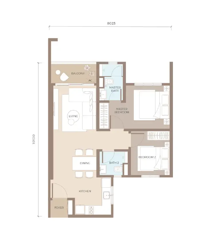 Amaya Residences TYPE B1 702 sq. ft. 2 Bedrooms + 2 Bathrooms floor plan