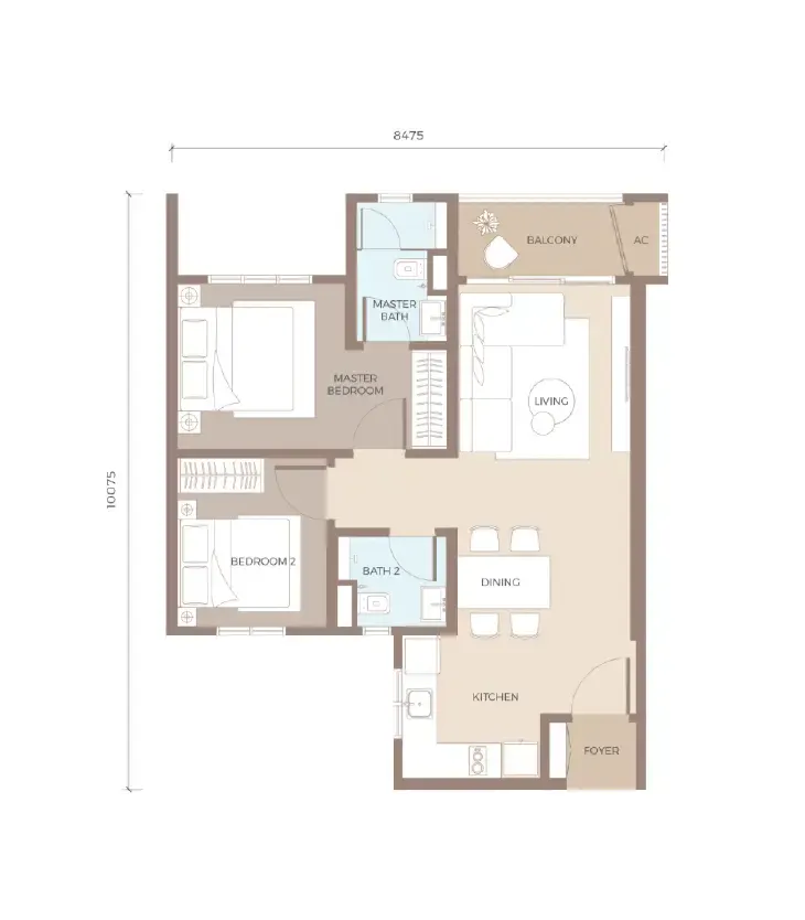 Amaya Residences TYPE B1A 714 sq. ft. 2 Bedrooms + 2 Bathrooms floor plan