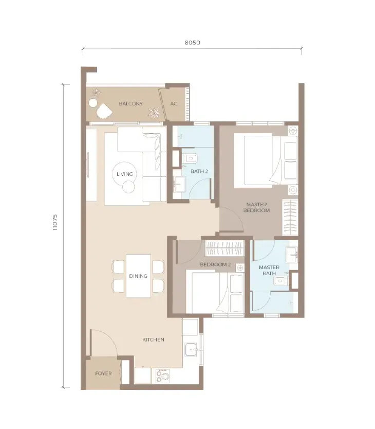 Amaya Residences TYPE C1 792 sq. ft. 2 Bedrooms + 2 Bathrooms floor plan