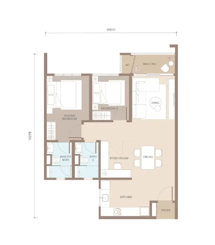 Amaya Residences TYPE D1 879 sq. ft. 2 Bedrooms + 2 Bathrooms floor plan