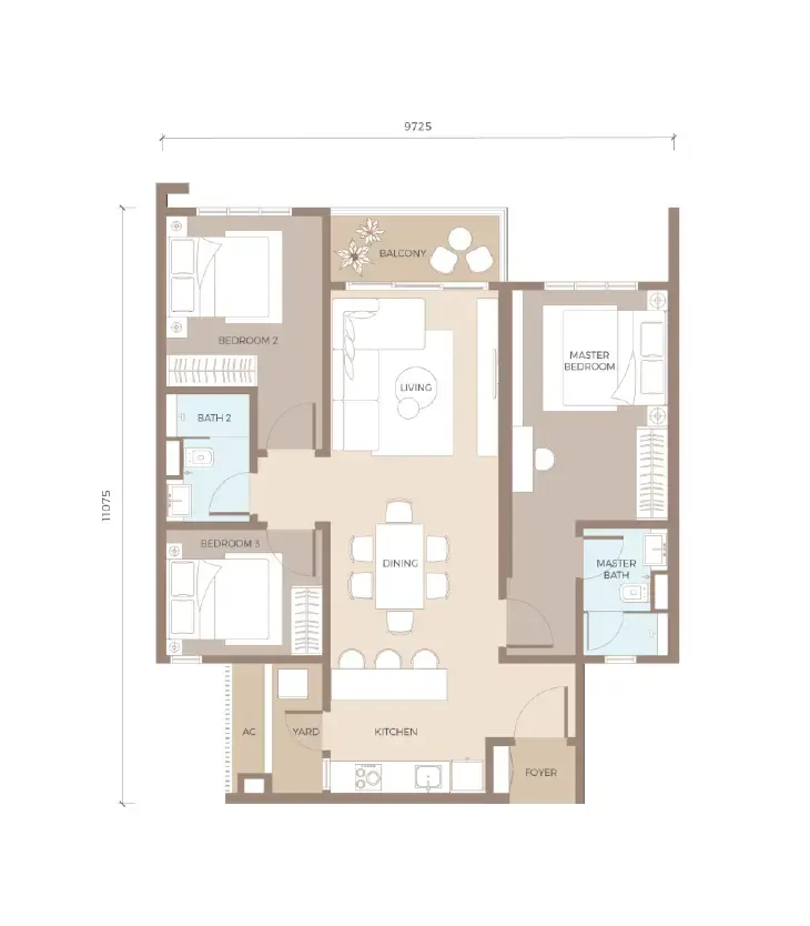 Amaya Residences TYPE E1 1,024 sq. ft. 3 Bedrooms + 2 Bathrooms floor plan
