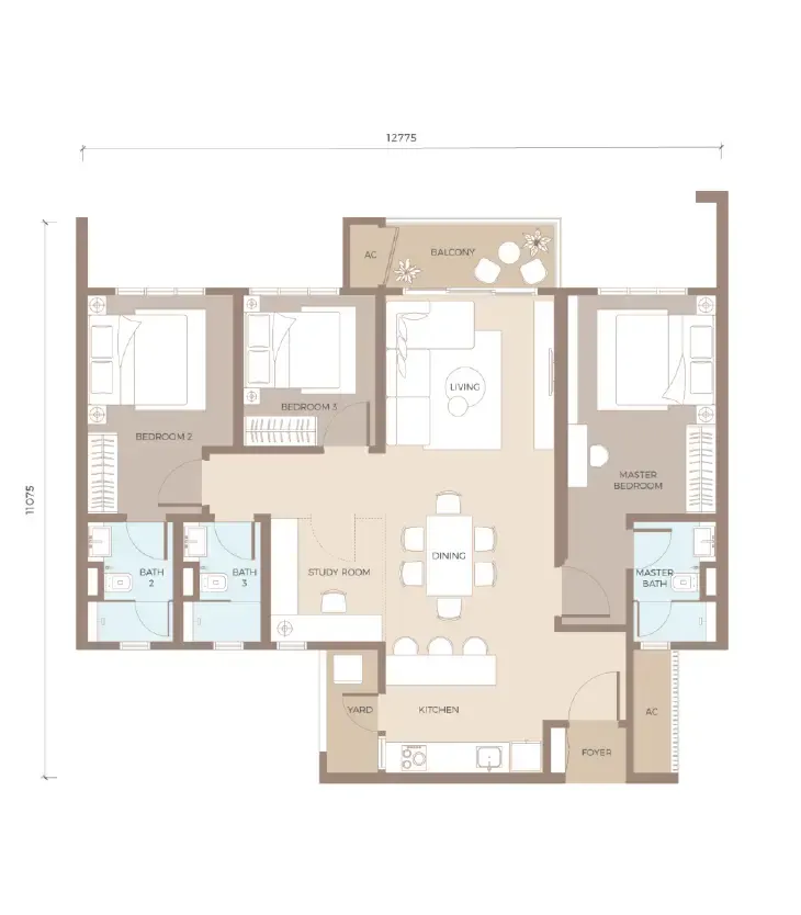 Amaya Residences TYPE F1 1,230 sq. ft. 3 Bedrooms + 3 Bathrooms floor plan