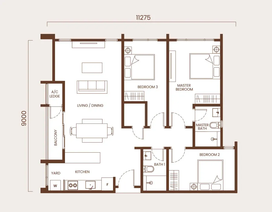 AndaBreeze Residences Type A - 1023 SQ FT - 3BEDROOMS / 2 BATHROOMS floor plan