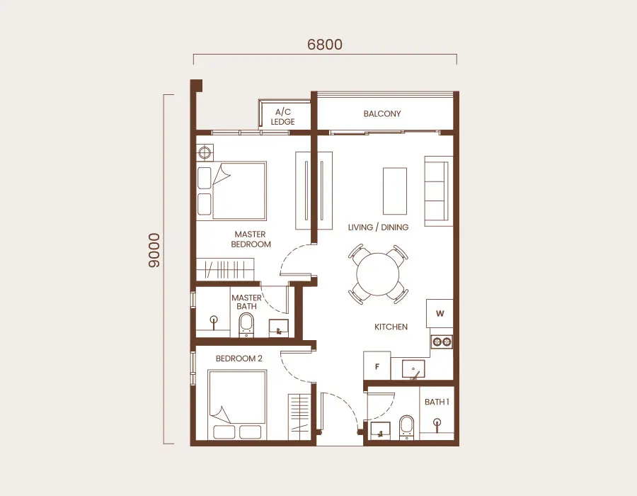 AndaBreeze Residences Type B - 636 SQ FT - 2BEDROOMS / 2 BATHROOMS floor plan
