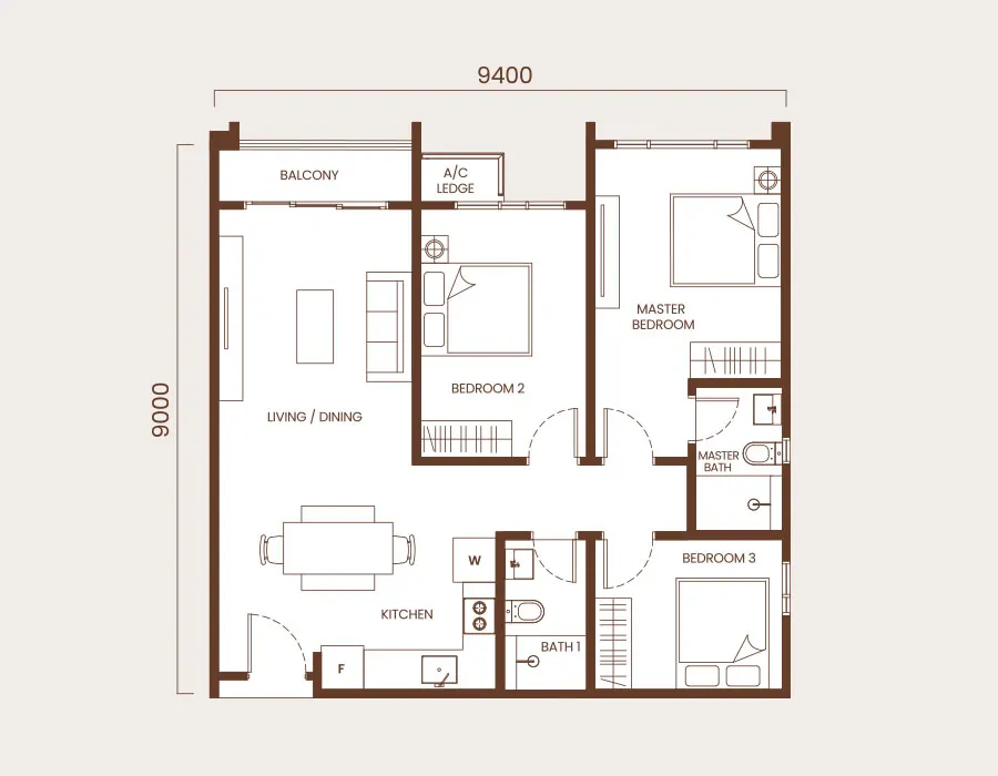 AndaBreeze Residences Type C - 894 SQ FT - 3BEDROOMS / 2BATHROOMS floor plan