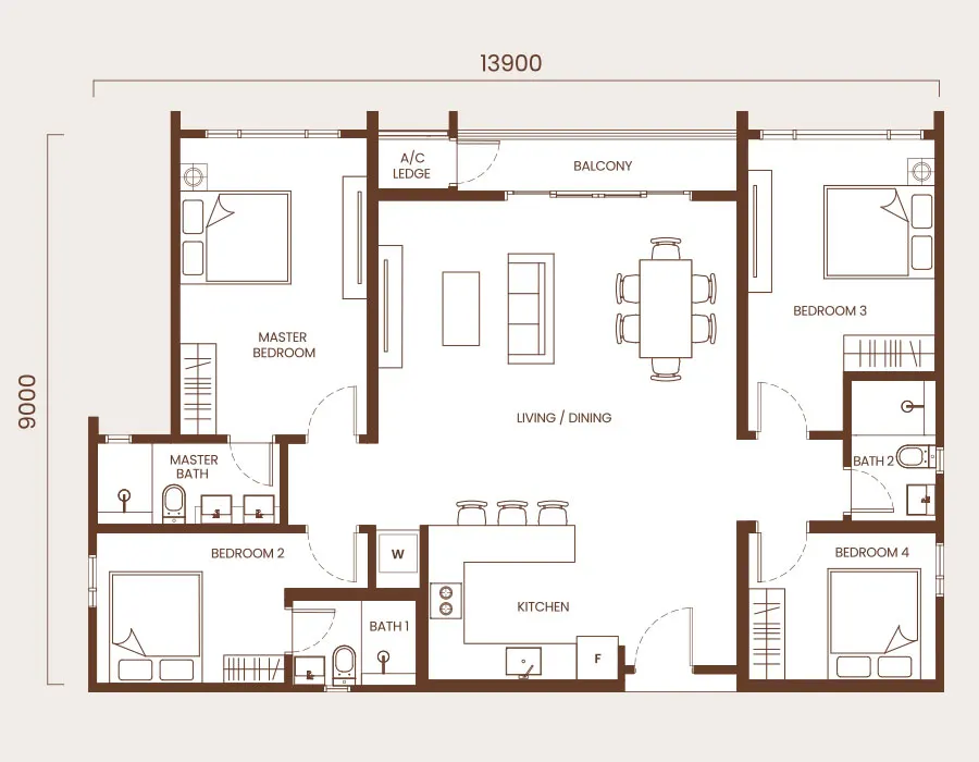 AndaBreeze Residences Type D - 1280 SQ FT - 4BEDROOMS / 3 BATHROOMS floor plan