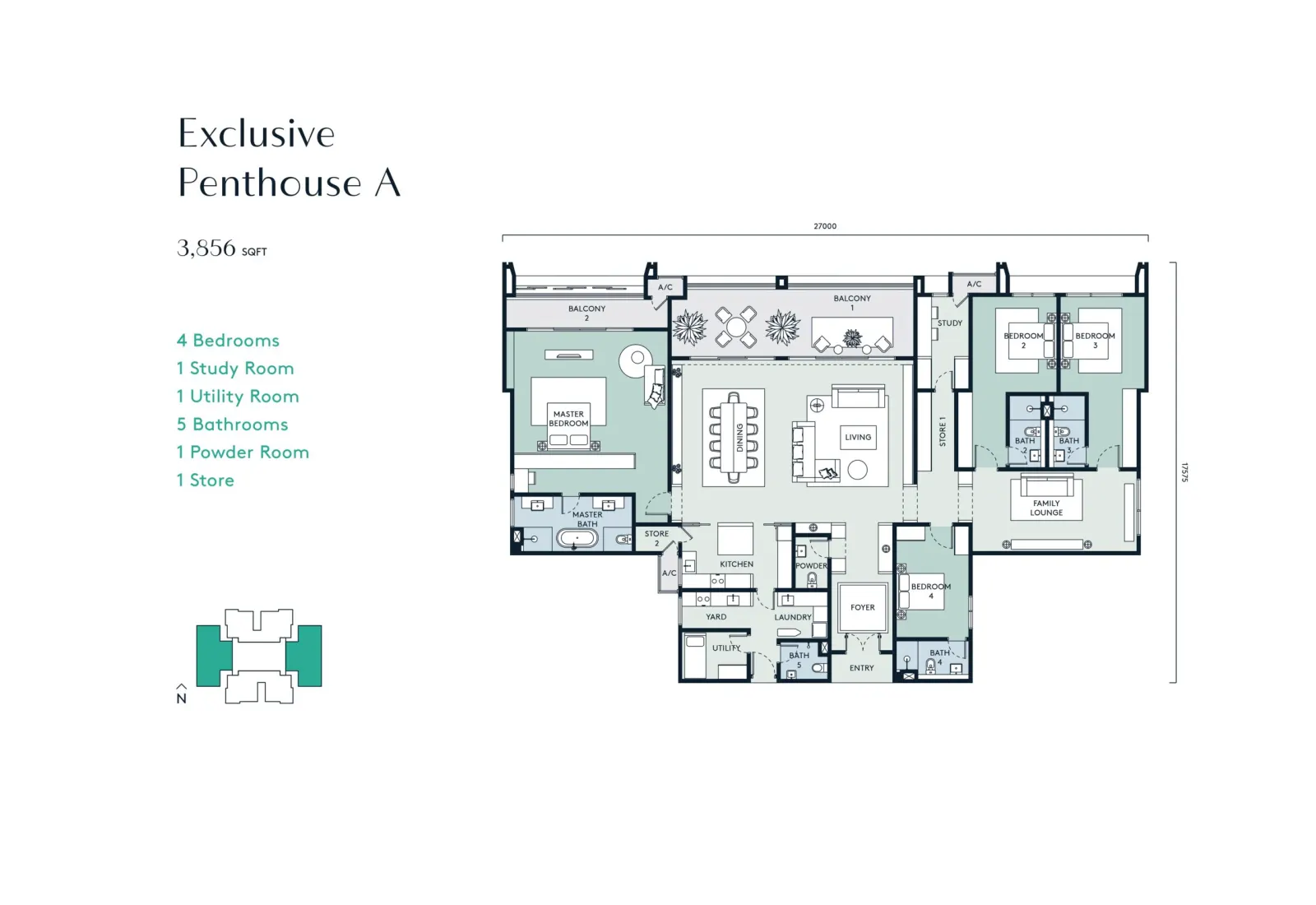 Aosis Mont Kiara Exclusive Penthouse A - 3856 sqft - 4 Bedroom 5 Bathroom floor plan