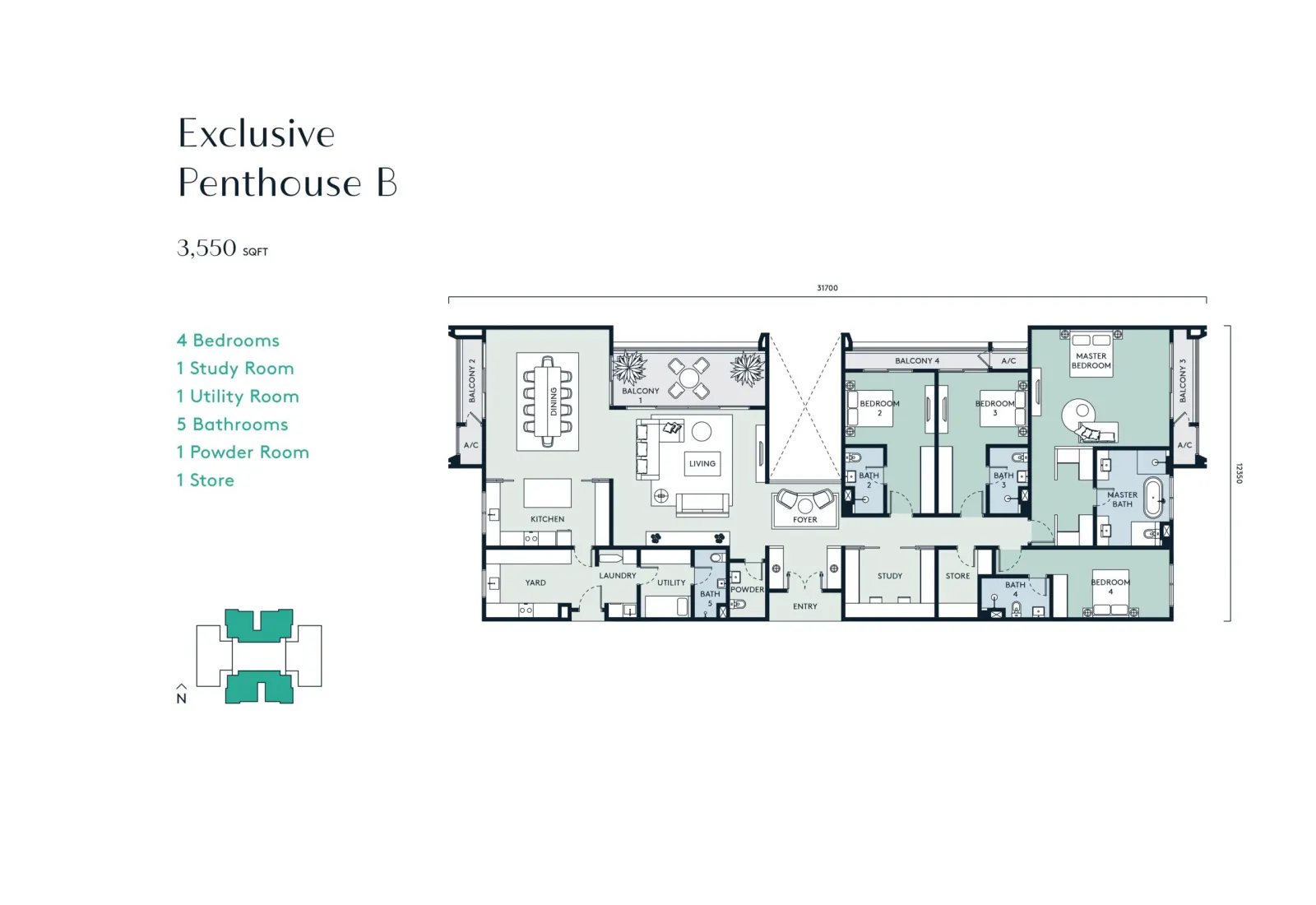 Aosis Mont Kiara Exclusive Penthouse B - 3550 sqft - 4 Bedroom 5 Bathroom floor plan