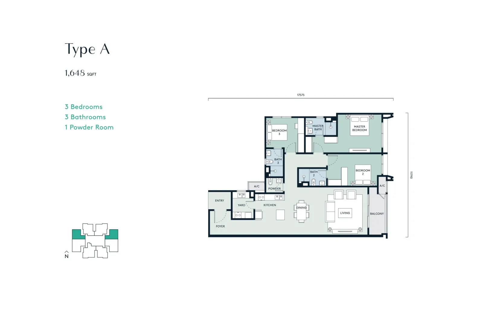 Aosis Mont Kiara Type A - 1648sqft - 3 Bedroom 3 Bathroom floor plan