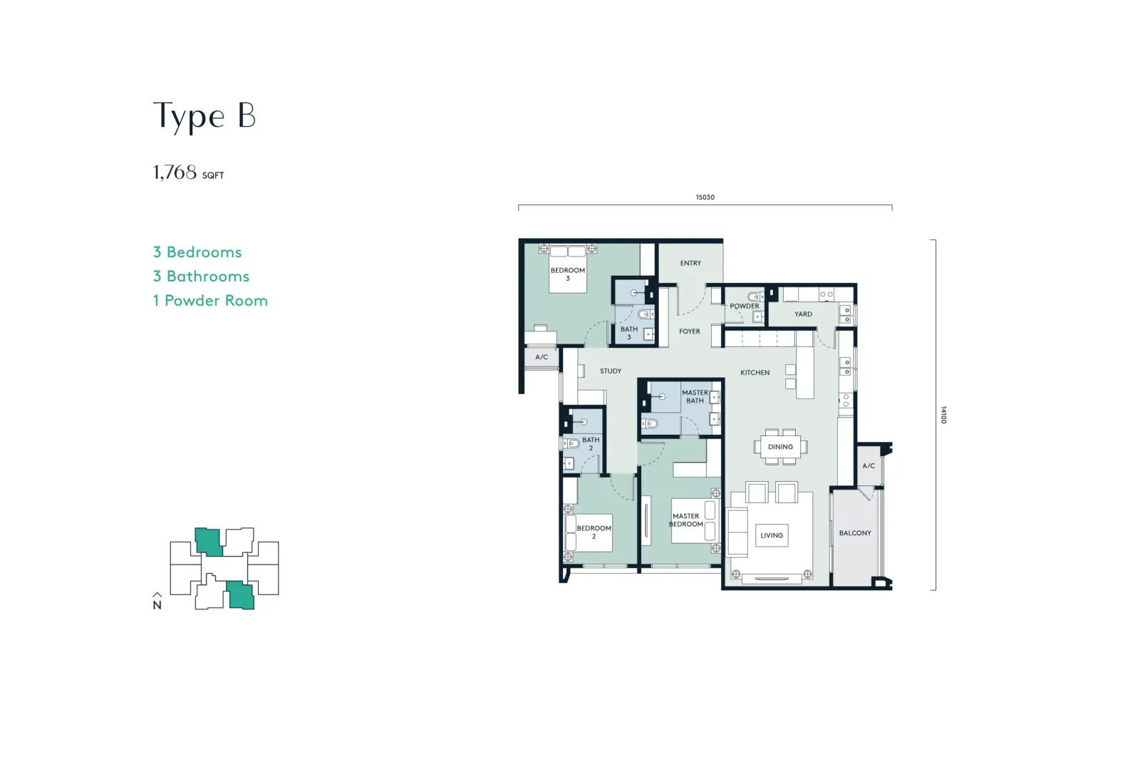 Aosis Mont Kiara Type B - 1768sqft - 3 Bedroom 3 Bathroom floor plan