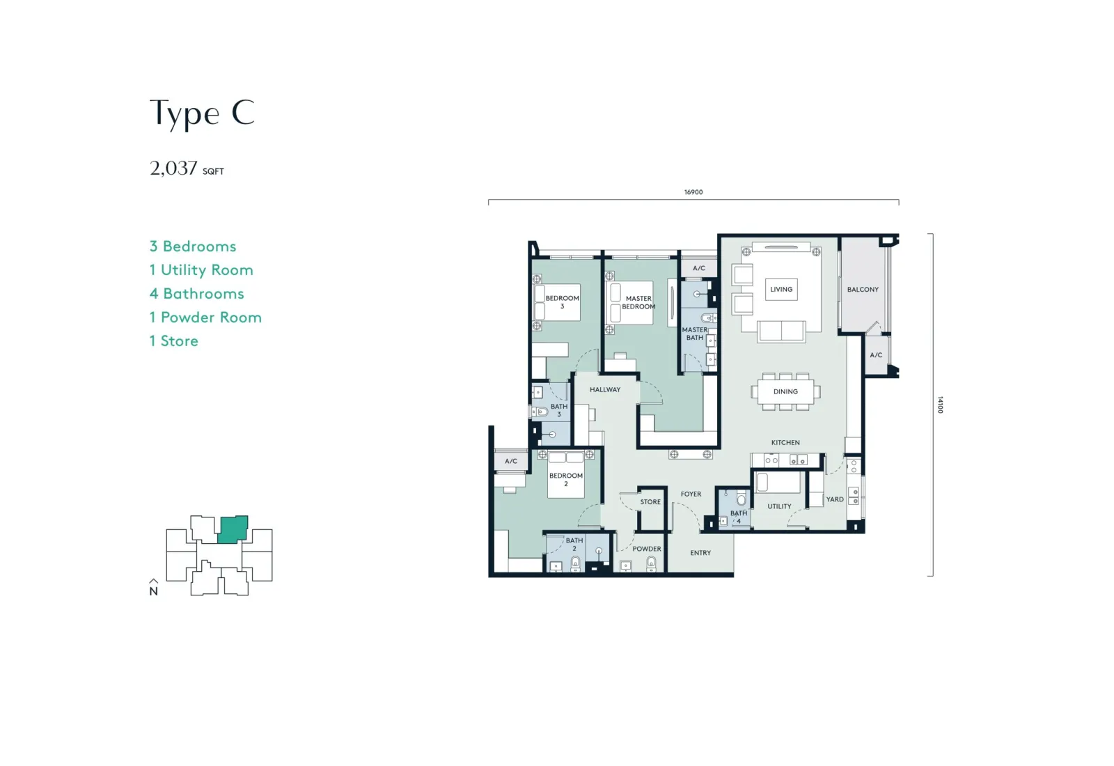 Aosis Mont Kiara Type C - 2037sqft - 3 Bedroom 4 Bathroom floor plan