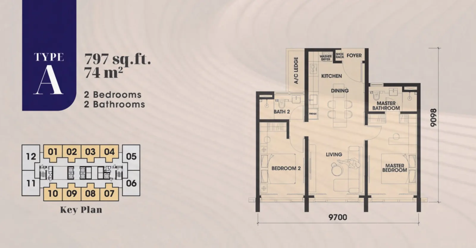 Arden OBS (One Bukit Senyum) Type A - 797 sq. ft. floor plan