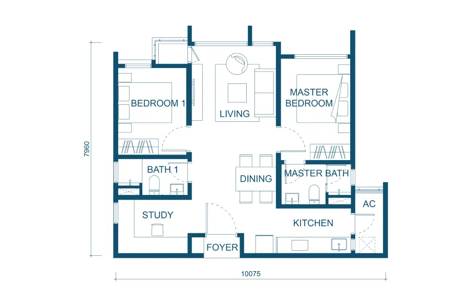 Aricia Residences Tyoe B1 - 757 sq.ft. floor plan