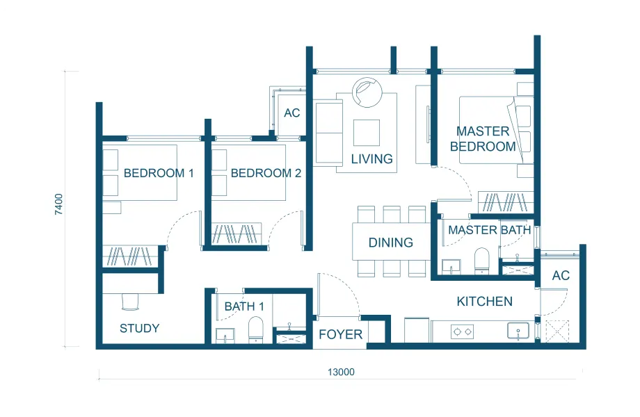 Aricia Residences Type C1 - 872 sq.ft. floor plan