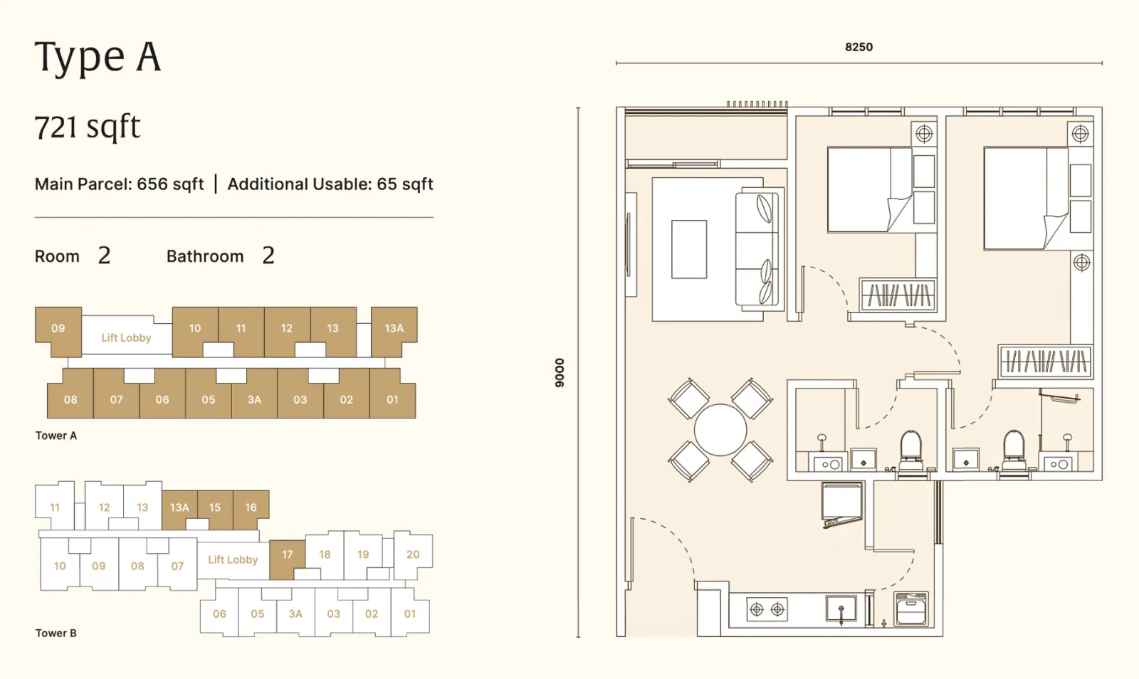 ARRA Residences Type A - 721sft floor plan