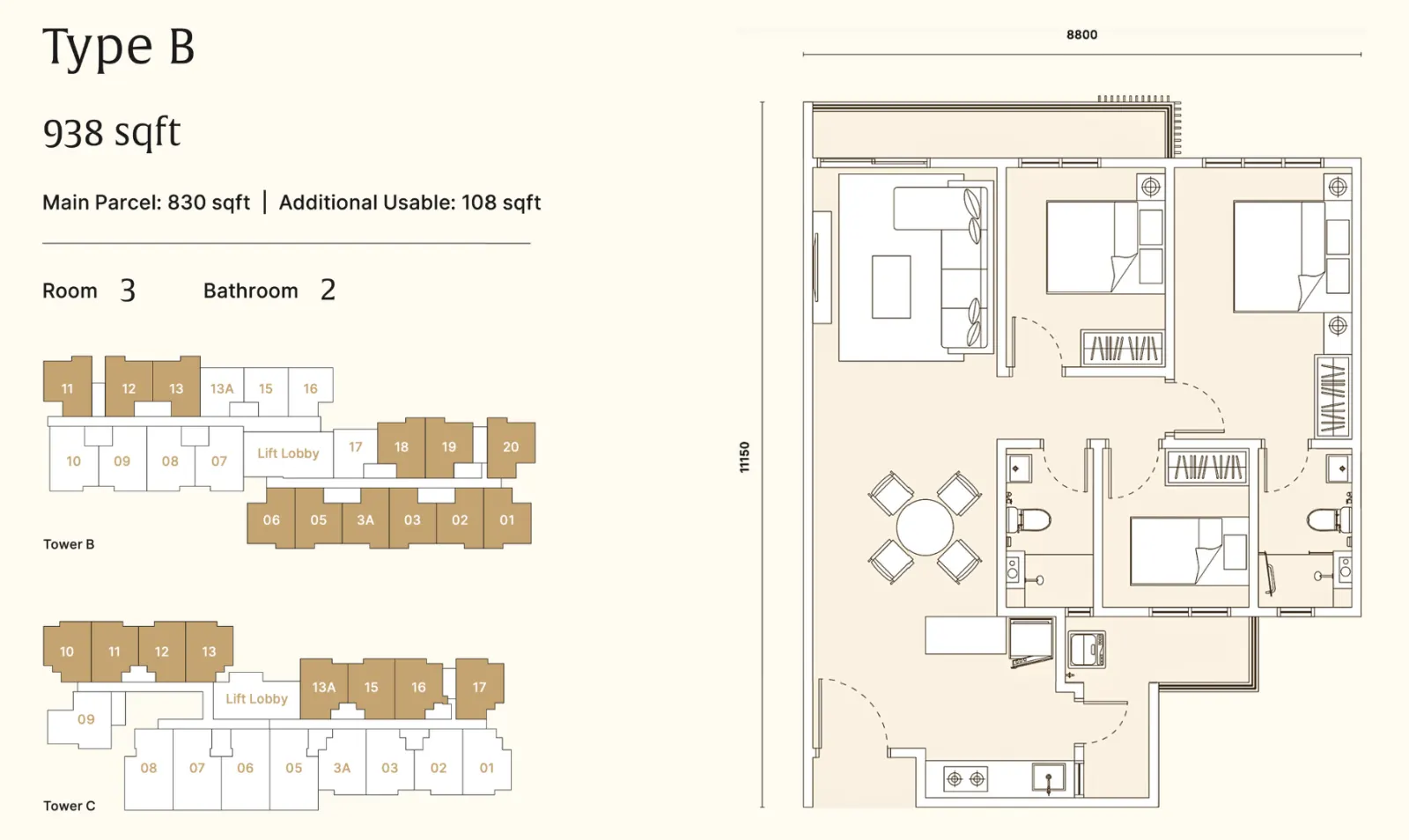 ARRA Residences Type B - 938sft floor plan