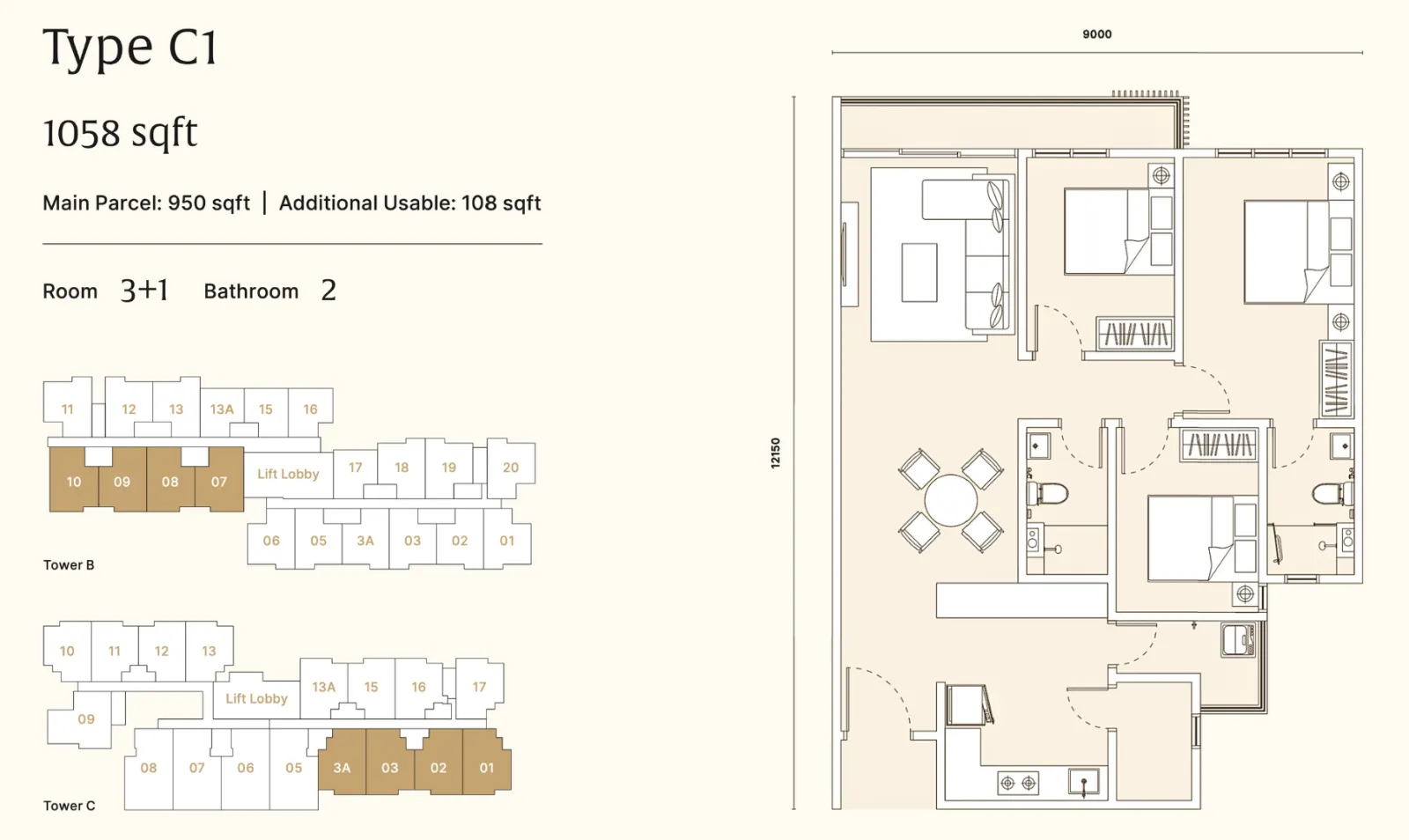 ARRA Residences Type C1 - 1058sft floor plan