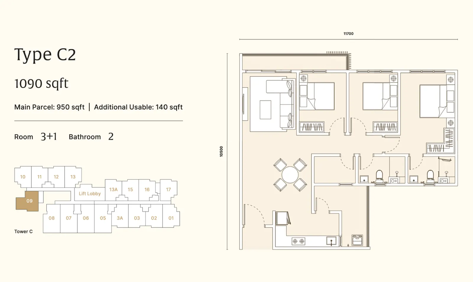 ARRA Residences Type C2 - 1090 sft floor plan